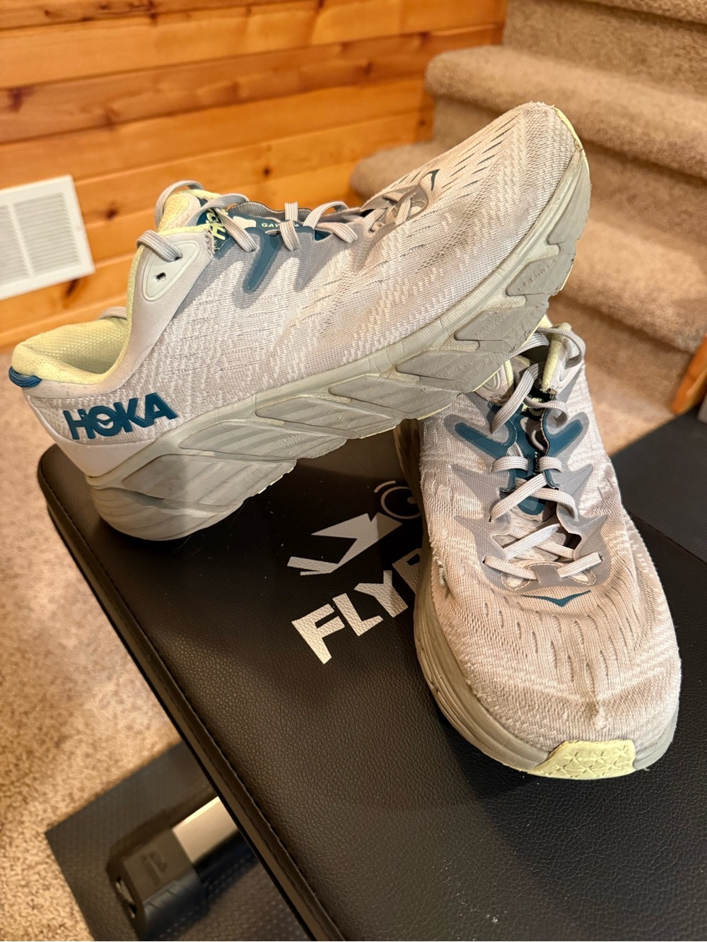 Hoka Gaviota Neutral Running Shoes in Light Gray with Teal Branding